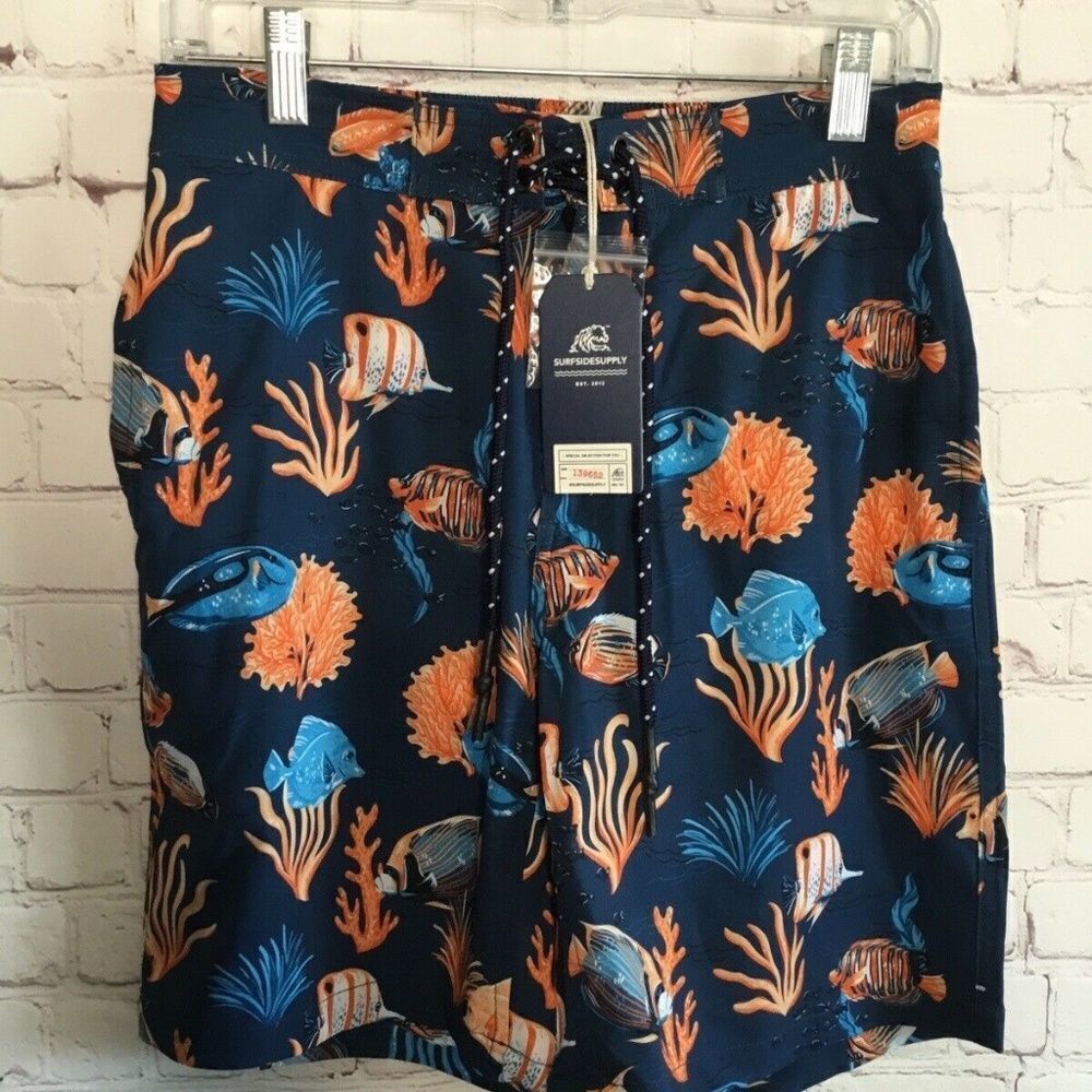 NWT Surfside Supply Men's Fish Blue Aquatic Tropical Swim Trunk Boart Shorts  XS